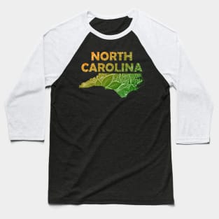 Colorful mandala art map of North Carolina with text in green and orange Baseball T-Shirt